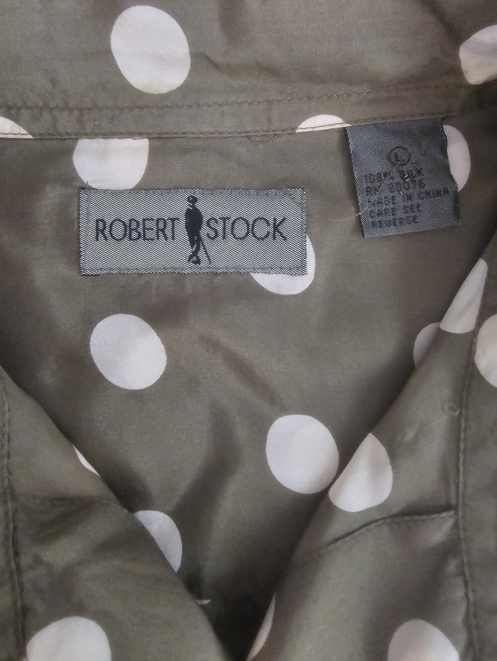 Robert Stock 100% Silk Polka Dot Shirt Men’s XL Olive Green Resortwear Retro - Picture 7 of 12